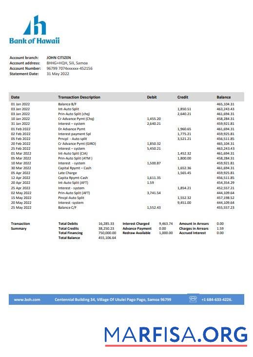 Downloadable Samoa Bank of Hawaii bank proof of address statement word template